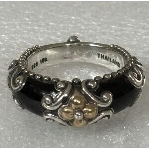 Vintage Barbara Bixby Sterling Silver & 18k Gold Floral Black Enamel Ring Size 7